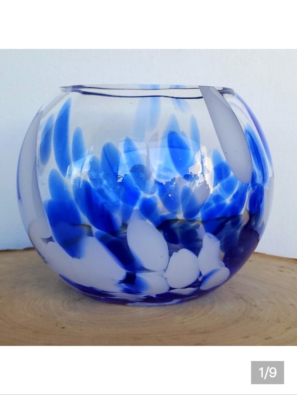 Cobalt Blue And White Vintage Handblown Art Glass Small Vase